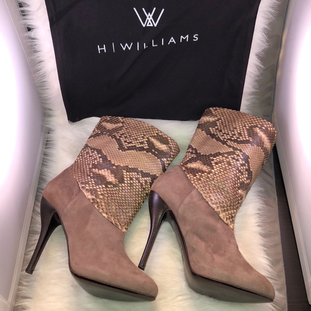 H Williams Suede and Snake Print Leather Bootie